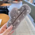 Fluffy grey hair claw clip with sparkling rhinestones for women stylish winter hair accessories - Gray