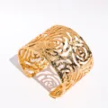 Golden hollow rose carved wide cuff bracelet, chunky textured metal statement wrist jewelry - Gold