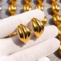 Chunky gold wave geometric hoop earrings, minimalist metal statement jewelry for women. - Gold