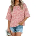 Maglietta da donna casual a maniche corte con stampa paisley alla moda per l'estate. - Taglia S / Top / Stampa Paisley Rosa
