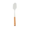 White silicone kitchen spatula with a natural wood handle for non-stick cookware cooking. - Spatula