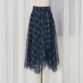 Detail view of the blue plaid mesh skirt showing the asymmetric hem and high-waisted design. - S / Bottoms / Blue