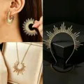 Conjunto de joyas diadema corona sol collar colgante pendientes abanico metal dorado - Juego de Joyas Sol Y Luna 3 (Diadema+Collar+Pendientes)