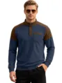 Men Waffle Knit Colorblock Henley Long Sleeve Casual Pullover Sweatshirt Blue Brown - S / Tops / Navy Blue