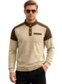 Men's waffle knit colorblock long sleeve Henley shirt with chest pocket and contrast collar. - S / Tops / Khaki