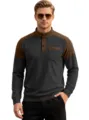 Men's waffle color-block henley shirt long sleeve casual top in grey and brown variant. - S / Tops / Black