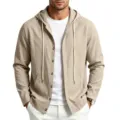 Homme loisir kaki capuche lin chemise manches longues couleur unie haut plage mode - S / Hauts / Kaki