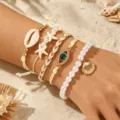Boho beach starfish shell pearl bracelet set, multi-layer braided cord wrist jewelry. - Starfish Shell Evil Eye Woven Style (ZJ17139)