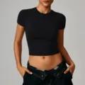 Mujer Negro Corte Entallado Manga Corta Crop Top Fitness Yoga Deporte Casual T-Shirt - S / Tops / Negro Premium