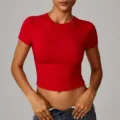 Camiseta de manga corta ajustada para mujer, ideal para yoga, fitness y uso diario. - S / Tops / Rojo