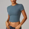 Mujer manga corta ajuste ceñido fitness yoga crop top casual running deporte camiseta azul. - S / Tops / Gris Azulado
