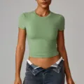 Mujer verde solido manga corta slim fit fitness yoga running camiseta casual deporte top - S / Tops / Verde hierba