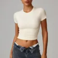 Camiseta corta ajustada de manga corta para mujer, top deportivo de fitness y yoga. - S / Tops / Albaricoque Crema