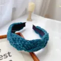 Diadema de punto trenzado azul oscuro, aro de pelo de invierno ancho retro para mujeres - Azul