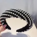 Diadema ancha de esponja negra adornada con perlas negras y blancas alternas para estilo. - Negro Perla