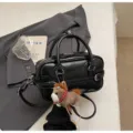 Korean style black PU leather boston handbag with cute plush horse charm for women SKU. - With Pendant / Black
