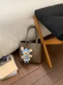 Brown leather bucket bag with cute knit bear pendant, stylish shoulder handbag for women. - Gray (With Pendant)