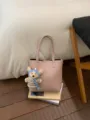 Pink leather tote bag with cute knit bear pendant, stylish daily shoulder bucket bag. - Pink With Pendant