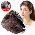 Wide embroidered lace headband for women, floral hair hoop with teeth and comfortable fit. - Pink Gold Silk Embroidered Floral Ethnic Headband