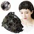 Black lace embroidered wide headband for women floral hair hoop with teeth details detail - Black Gold Silk Embroidered Floral Ethnic Headband