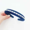 Dark blue velvet wide headband adorned with sparkling rhinestone flowers for women luxury style. - Silver White Rhinestone Black Velvet Headband