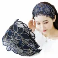 Blue embroidered wide lace headband for women, floral hair hoop with teeth for elegant styling. - Navy Blue Gold Silk Embroidered Floral Ethnic Headband