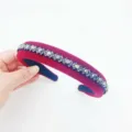 Luxury velvet rhinestone headband for women, wide handmade crystal hair hoop detail view. - Red and Mineral Gray Rhinestone