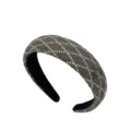 Rhinestone encrusted detailed view of the sparkly Baroque style sponge headband for women. - Transparent Gray Diamond Lattice