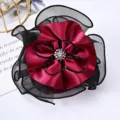 Korean style silk mesh flower hair scrunchie with sparkling rhinestone center and ruffles - Rose Red
