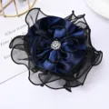 Dark Blue Fabric Flower Hair Clip with Black Mesh and Sparkling Rhinestone Accessory - Dark Blue