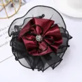 Korean style dark red satin and black mesh hair flower clip with rhinestone center for women. - Jujube Red