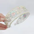 Embroidered Headband Gold Trim Floral Hair Hoop White Mesh Hair Accessory Variant - Light Green Sunflower Embroidered Headband