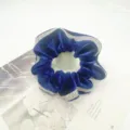 Blue velvet rhinestone hair scrunchie for women, large elastic ponytail holder hair accessory. - Blue