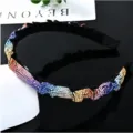 Crystal embellished rhinestone headband, black pleated hair hoop with gradient colorful gems. - Rainbow