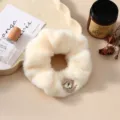 White plush hair scrunchie with rhinestone detail, soft autumn winter Korean hair tie accessory. - Cream