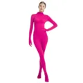 Pink full body zentai suit detail, smooth milk silk stretch fabric, seamless design view. - Rose Red