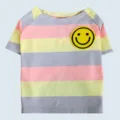 Leuke gestreepte huisdier t-shirt voor kleine honden, ademende puppy zomerkleding met vrolijk gezicht. - XS / Geel Grijs Roze Glimlach