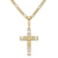 Detailed closeup of the gold crucifix pendant necklace featuring sparkling zirconia stones. - Cross Figaro Chain / 45+5cm / Gold