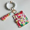Blumen PU Leder Kartenetui Brieftasche mit Silikonperlen Armband Schlüsselanhänger. - bunt
