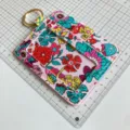 Floral Print Card Holder Cute Flower ID Badge Case with Gold Keychain for Women New - Pink Purple