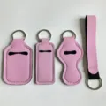Set de 4 llaveros de neopreno rosa para gel hidroalcohólico lápiz labial y perfume - Juego de 4 piezas rosa