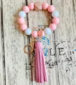 Silikon Perlen Armband Schlüsselanhänger mit rosa PU Leder Quaste und rosévergoldeter Hardware. - Stil 6