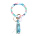 Tropische print PU lederen ronde armband sleutelhanger met kwastje en metalen ring. - Flamingo