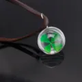 Four-leaf clover glass pendant necklace with brown leather cord, clear plant specimen jewelry gift - Four-Leaf Clover / Brown Leather Rope