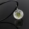 Clear glass ball dried flower pendant necklace with black cord for women fashion gift - White Starry / Black Faux Leather Cord