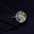 Handmade dried flower glass ball pendant necklace with brown leather cord for women gift - Golden Gypsophila / Brown Leather Rope