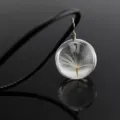 Dandelion seed glass globe pendant necklace with black cord detail close-up shot. - Single Dandelion Round / Black Chain