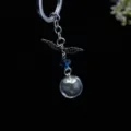 Dandelion seed glass ball keychain with wings and blue crystal bead charm pendant. - Angel Wing Style