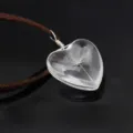 Close-up detail of a clear glass heart pendant necklace featuring a real natural dandelion seed. - Dandelion Heart / Brown Leather Rope