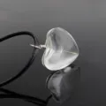 Close-up detail shot of clear glass heart pendant with real dandelion seed and black cord. - Dandelion Heart / Black Chain